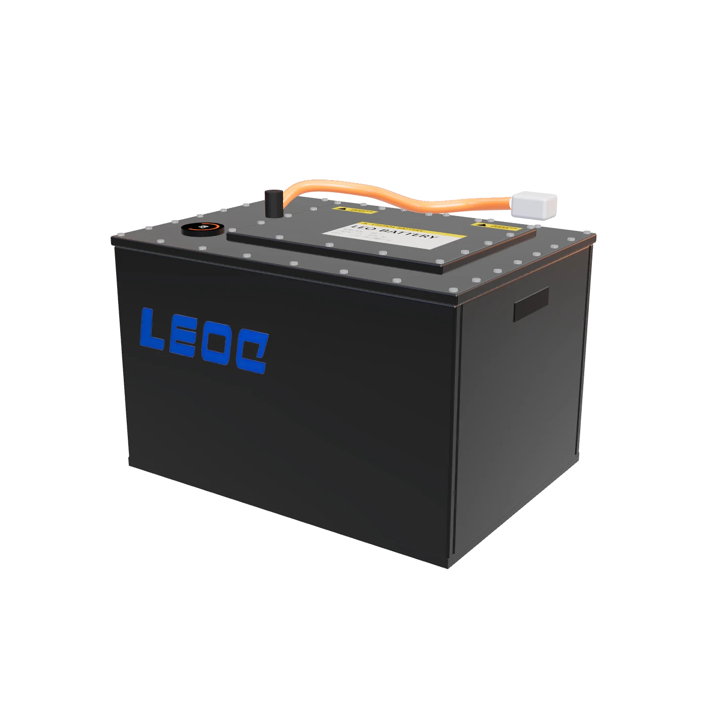 옆면에 파란 LEOC 로고가 있는 검은 강판 케이스의 LEO 리튬인산철 지게차 배터리
